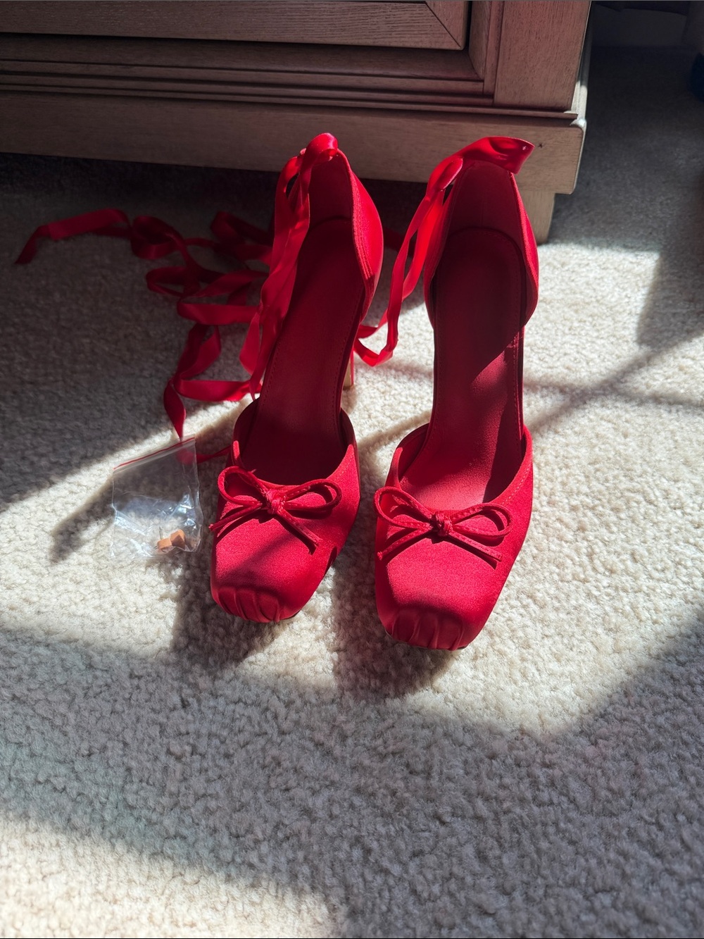 Red Satin Tie-Ankle Pumps - Women